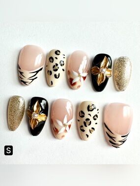 Neutral Pink & Black 3D Floral Leopard Press-On Nails
